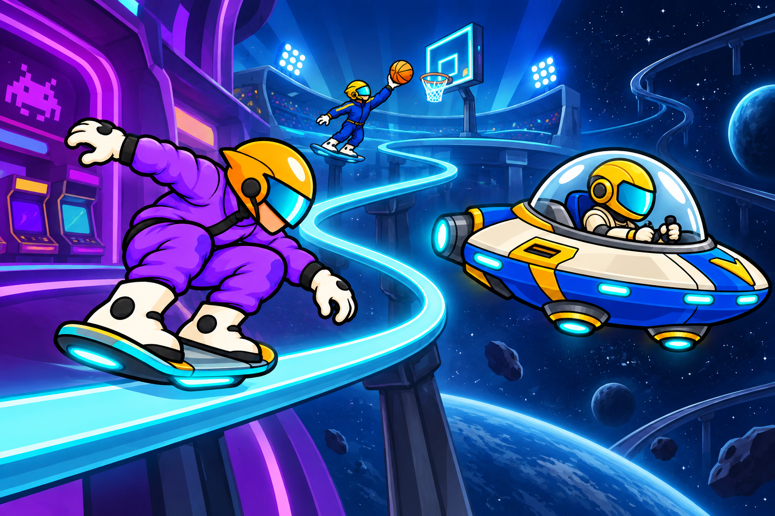 Railcade illustration with the purple hoverboard rider, a Sports basketball shot and the blue-and-gold spaceship