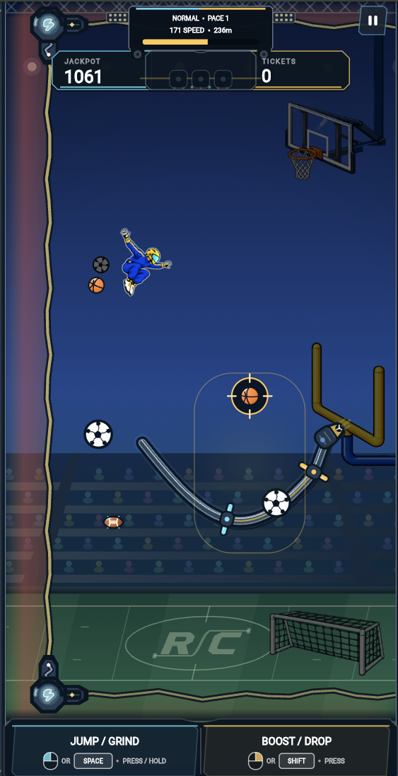 Sports gameplay: a basketball shot zone, airborne rider and three stadium goals